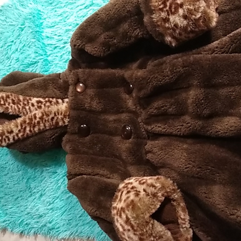 Girls faux fur leopard swing coat for winter fleece lined zipper & 4 buttons